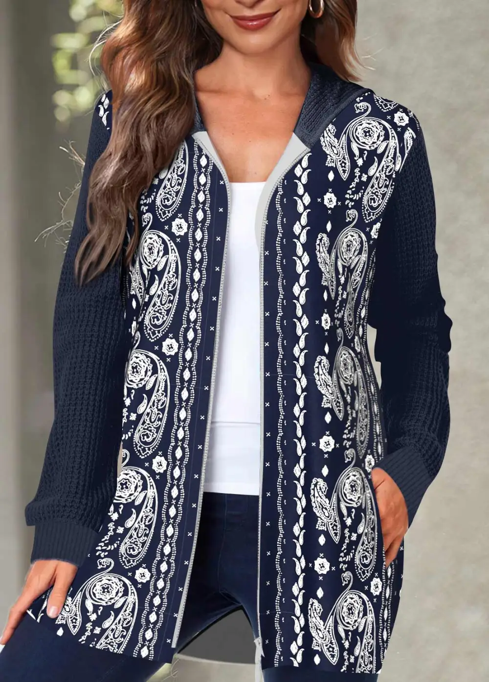 Navy Pocket Paisley Print Long Sleeve Hooded Coat