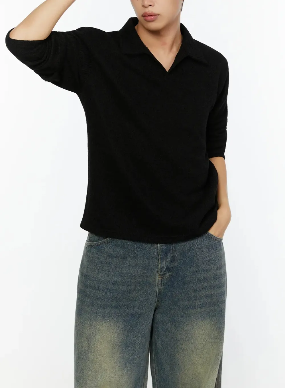Men's Open Collar Knit Long Sleeve Top