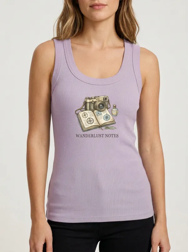 Women's Travel Camera Compass Graphic Ribbed Tank Top