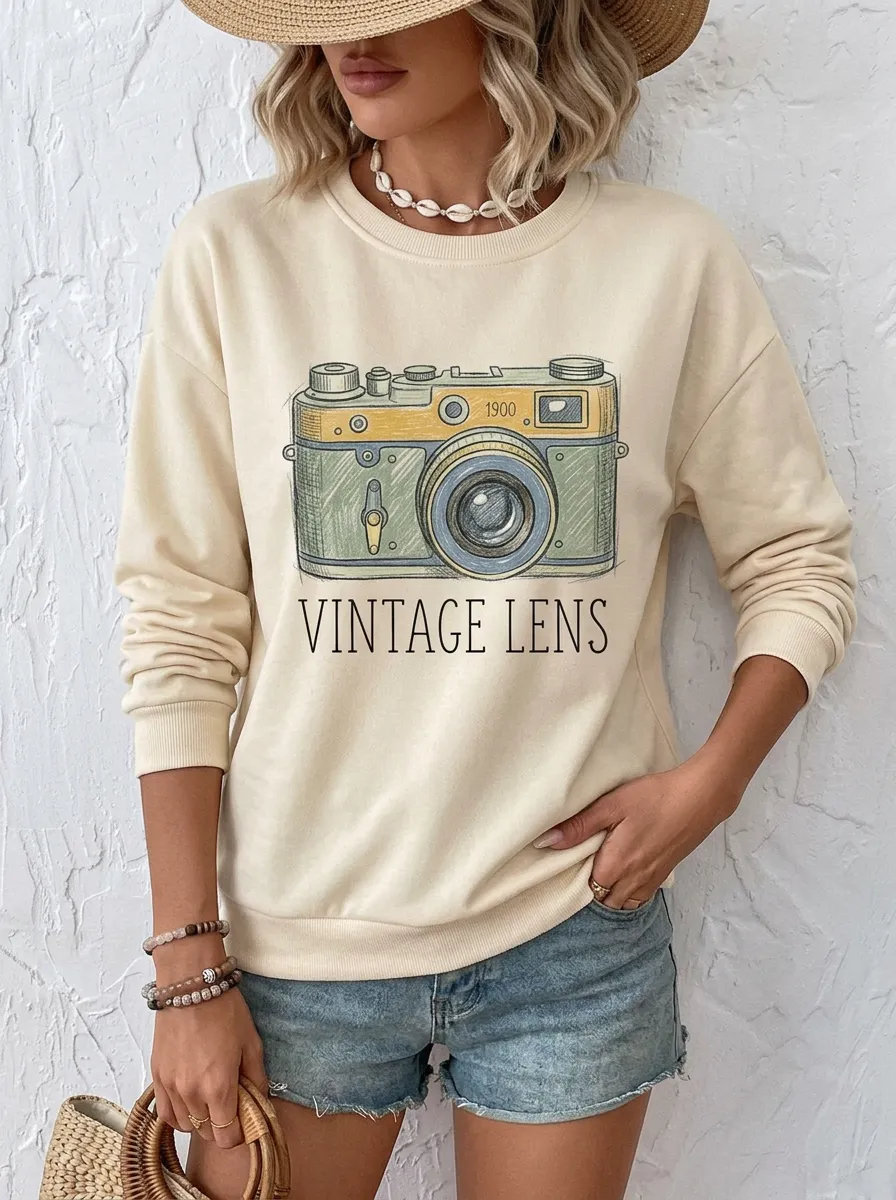 Women's Photography Lover Vintage Camera Printed Sweatshirt