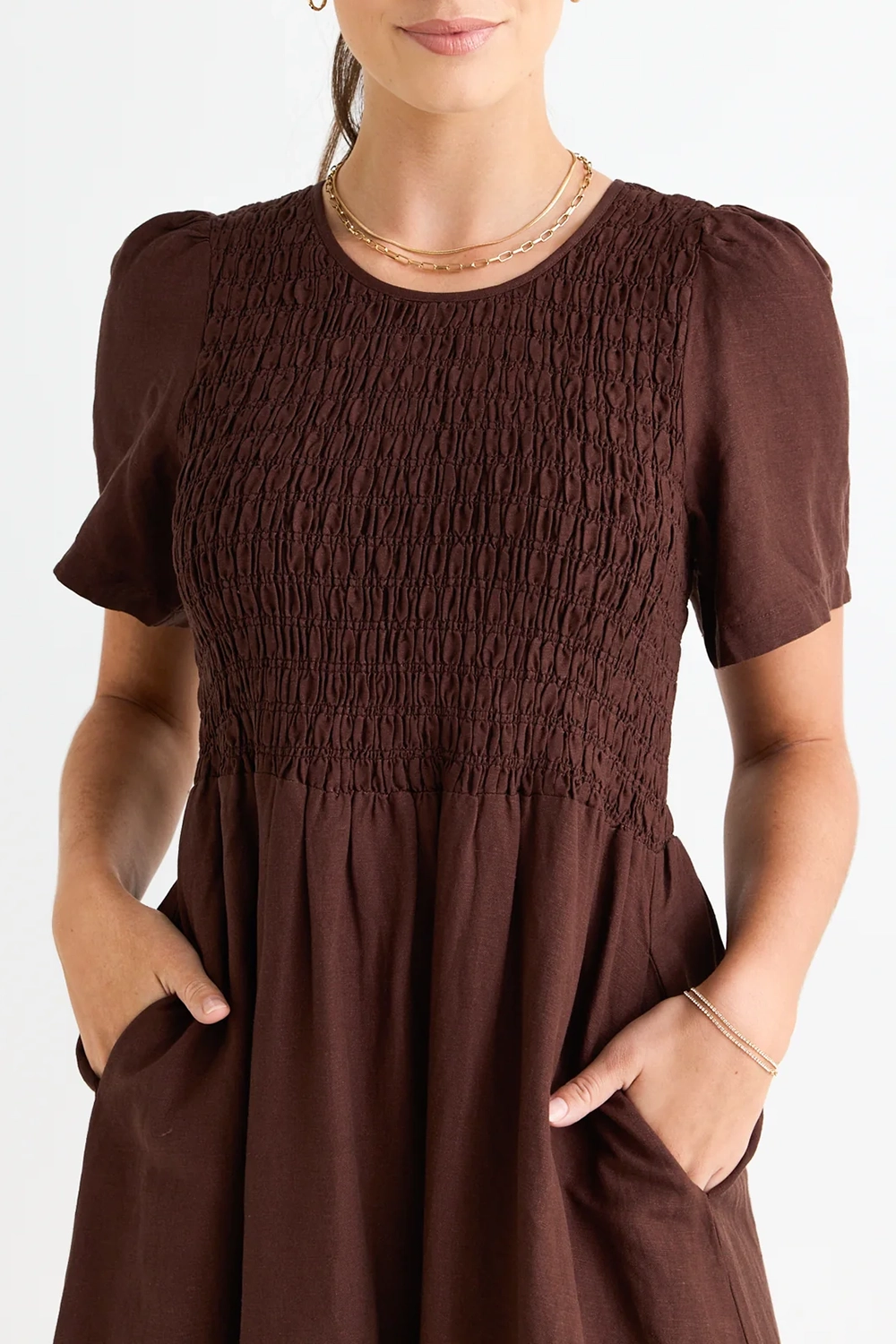 Brown Smocked Pocket Maxi Dress