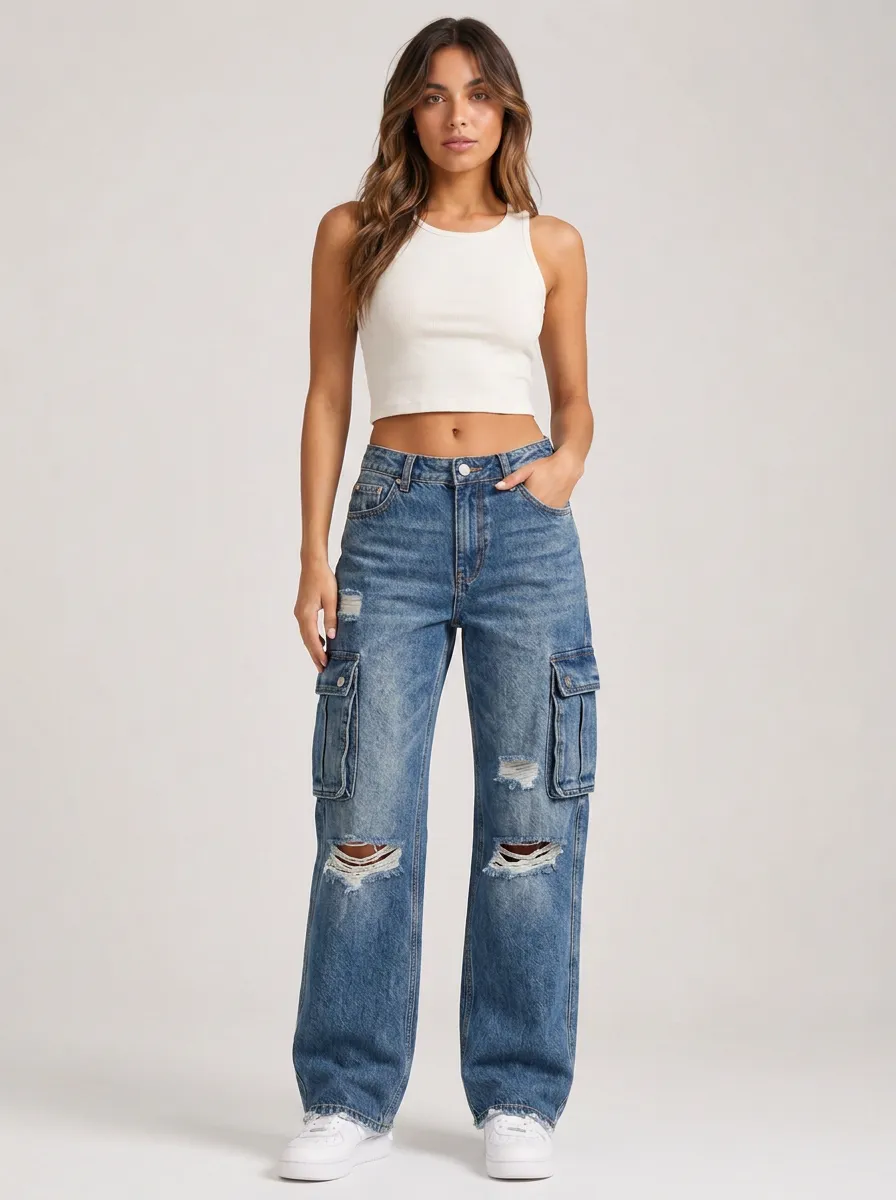 Women's Casual Streetwear Distressed Denim Cargo Pants