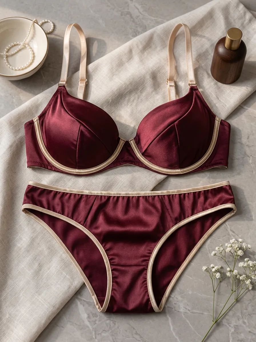 Women's Satin Contrast Trim Contrast Panel Detail Lingerie Set