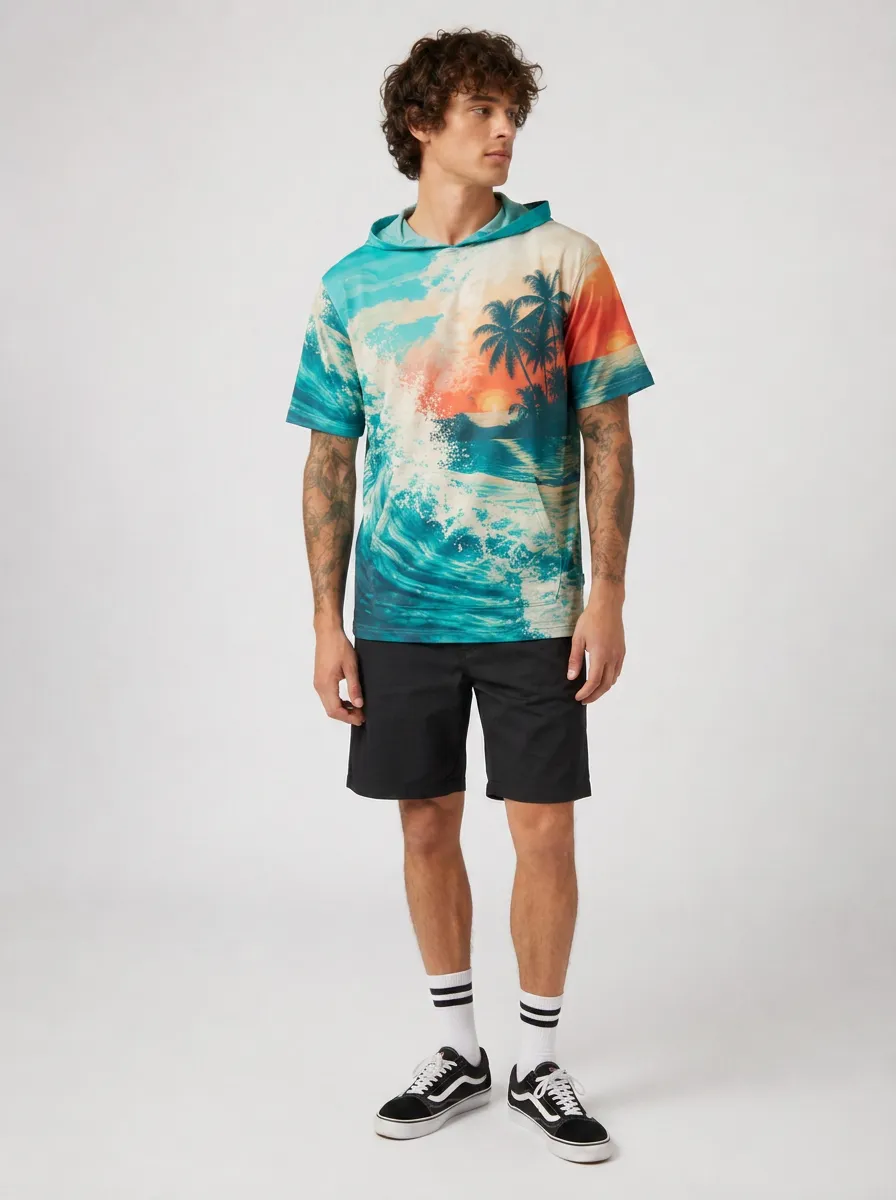 Men's Tropical Print Short Sleeve Hoodie with All-Over graphic print featuring palm trees, ocean waves, and a sunset motif
