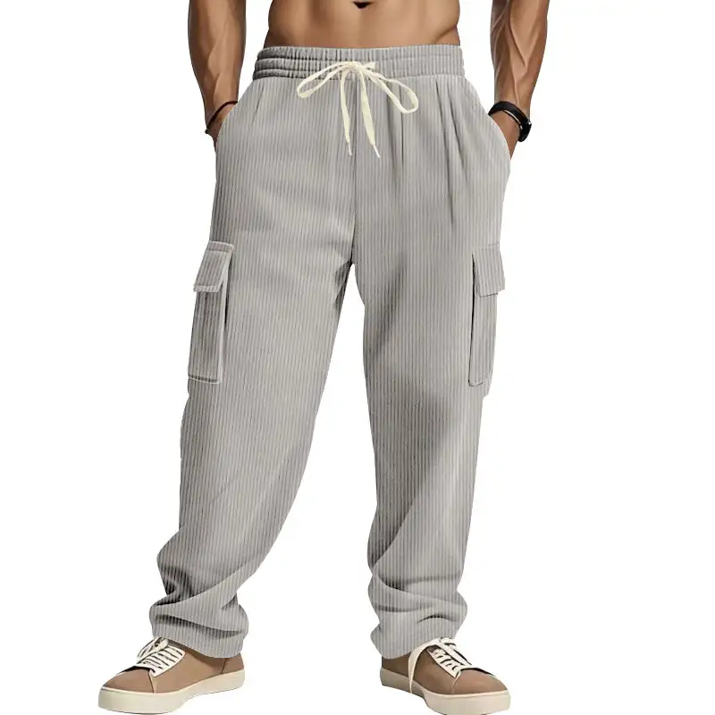 Men's Loose Corduroy Pants with Cargo Pockets and Drawstring Waistband Cargo Pants