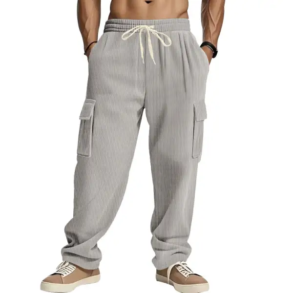 Men's Loose Corduroy Pants with Cargo Pockets and Drawstring Waistband Cargo Pants