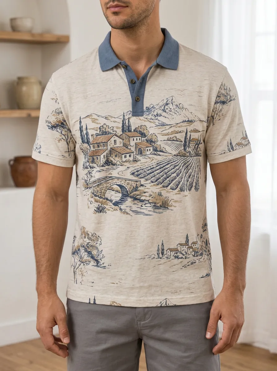 Men's Italian Landscape Village Printed Polo Shirt