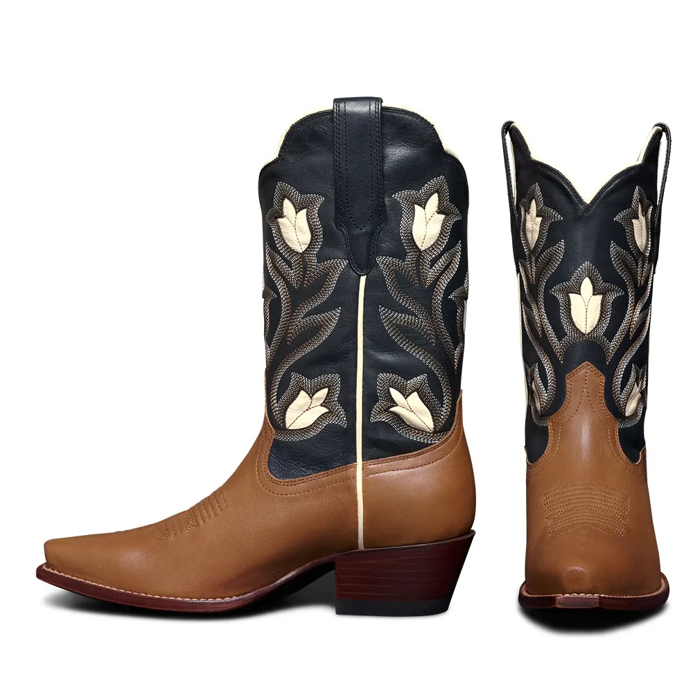 Faux-Leather Embroidered Floral Snip-Toe Mid-Calf Boots
