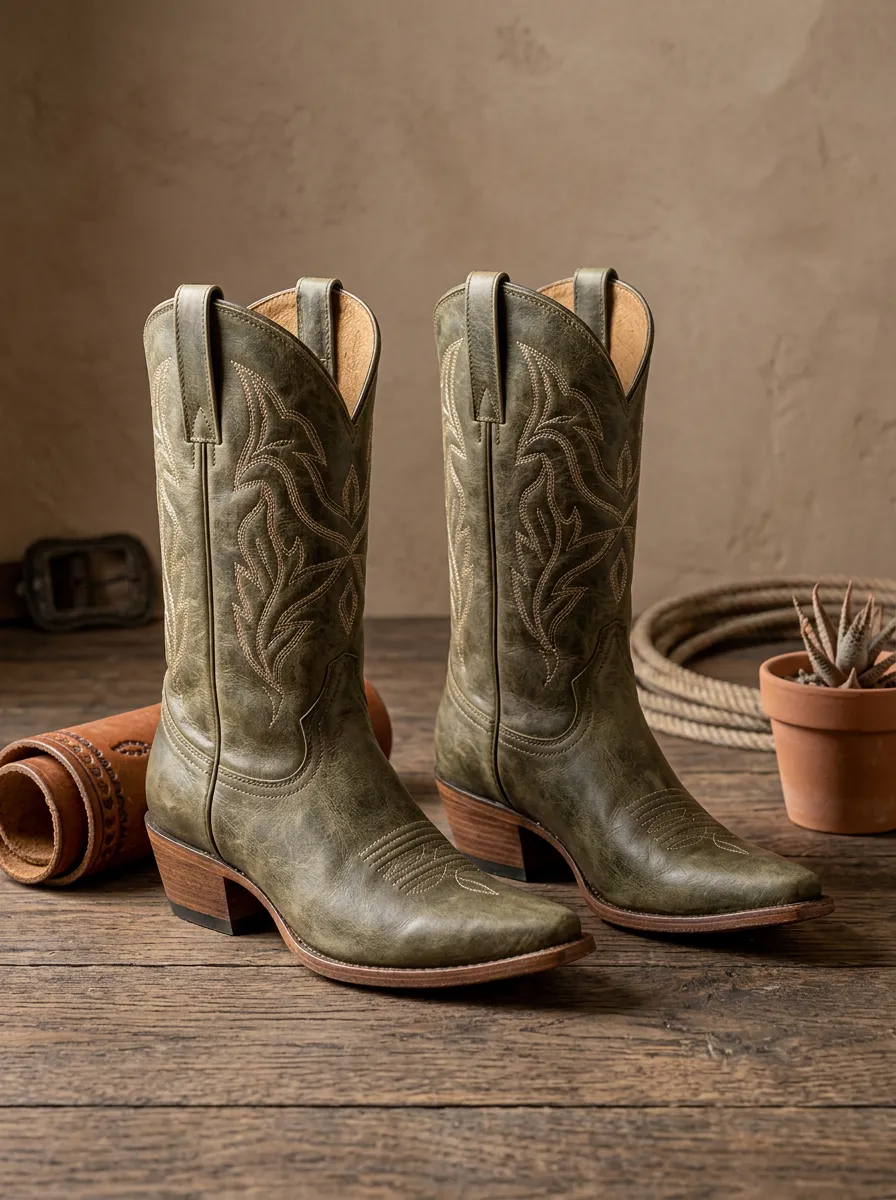 Unisex Trail-Inspired Western Cowboy Olive Green Embroidered Stitched Boots