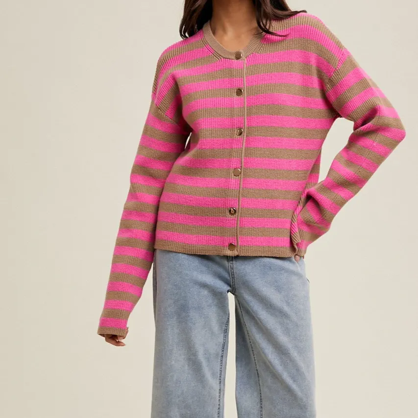 Refined Ribbed Button Front Dropped Shoulder Striped Cardigan