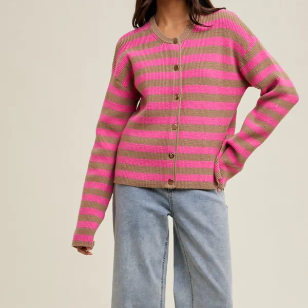 Refined Ribbed Button Front Dropped Shoulder Striped Cardigan