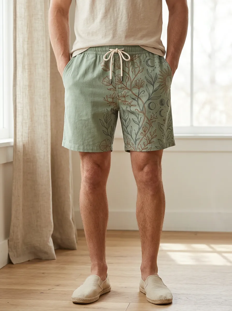 Men's Botanical Celestial Moon Sun Drawstring Shorts