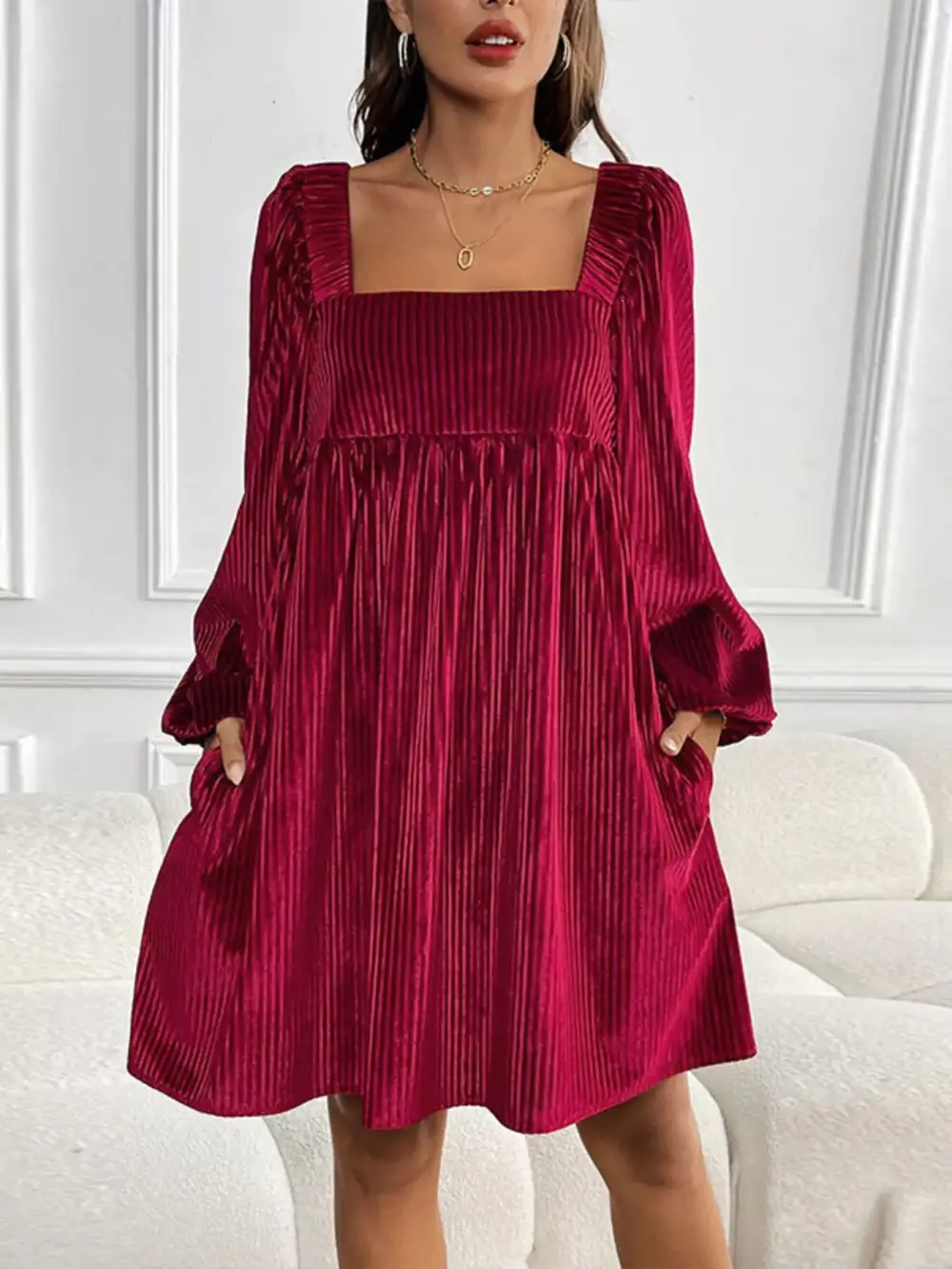 Soft Touch Velvet Square Neck Long Sleeve Dress