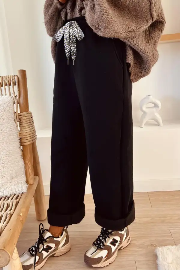 Fleece Lined Leopard Drawstring Elastic Rise Pants
