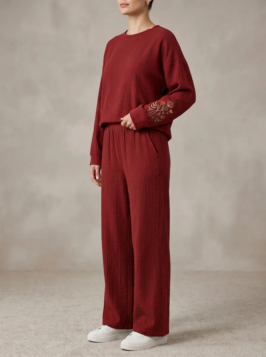 Women's Sleeve Floral Embroidered Crewneck Top And Wide-Leg Trouser Lounge Set
