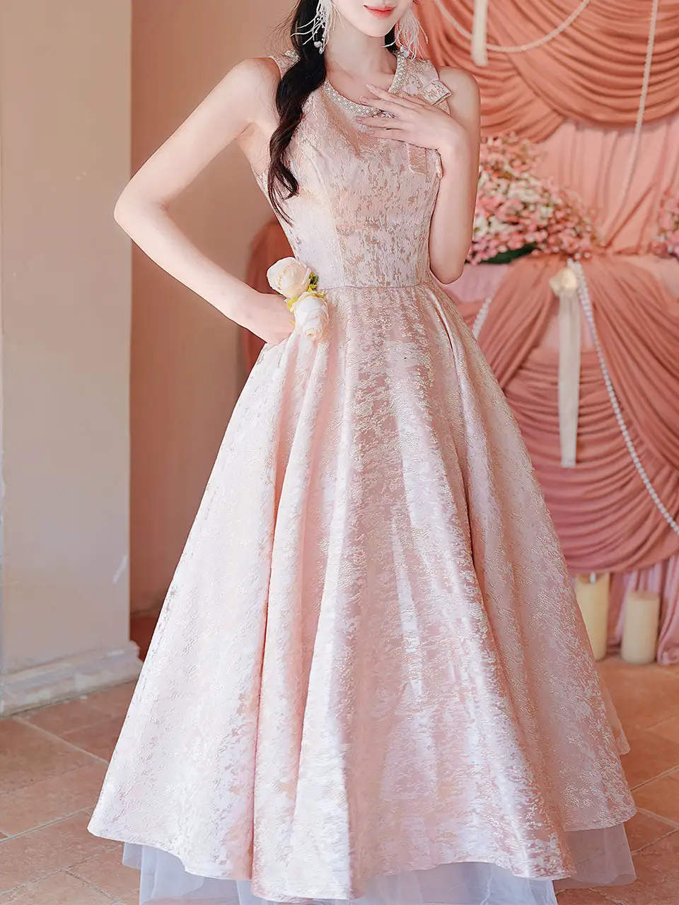 Bow Jacquard Prom Prom Maxi Dress
