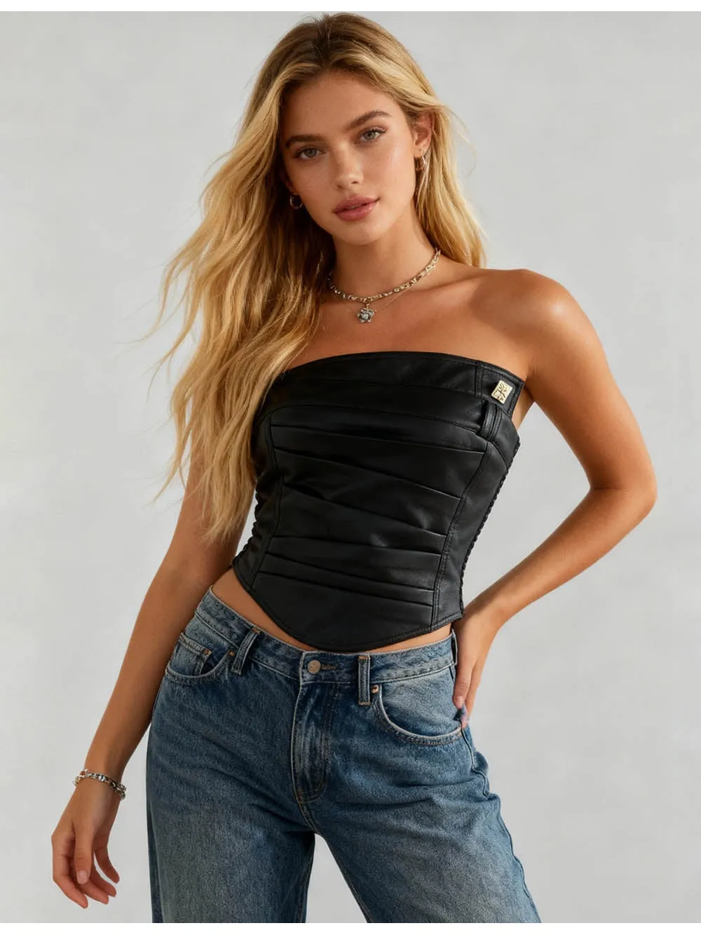 Faux Leather Corset Pleated Bodice Crop Tube Top