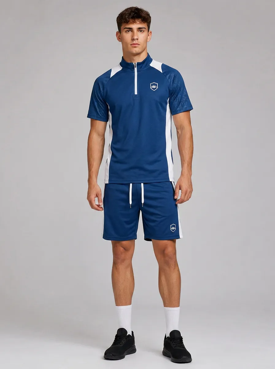 Men's Sporty Casual Quarter-Zip Printed Athletic Short Set