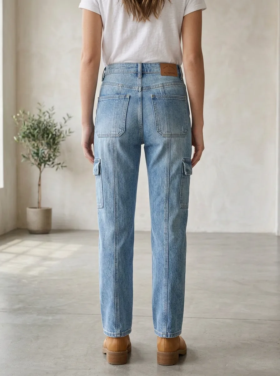Women's Casual Vintage Light Wash Cargo Denim Pants