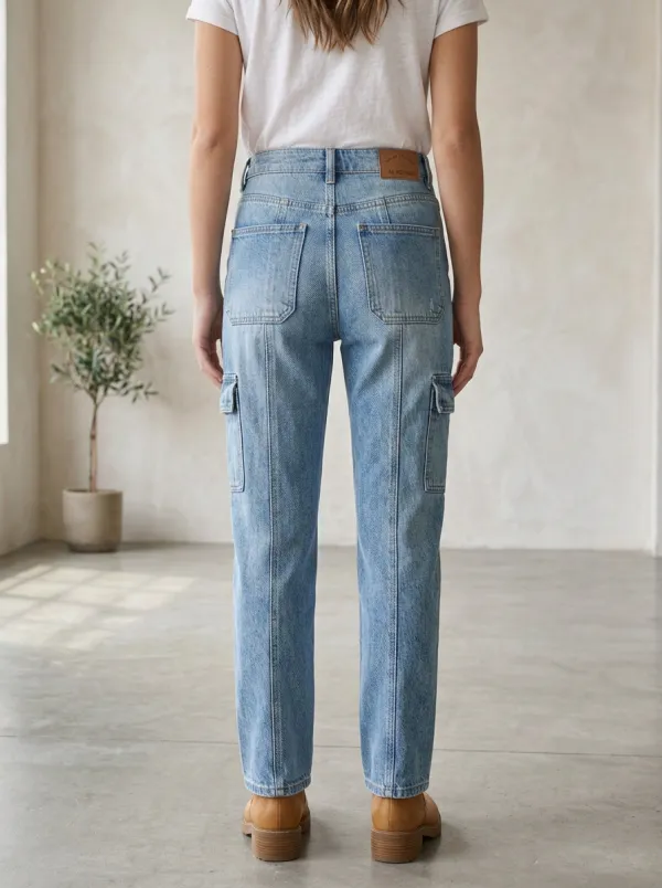 Women's Casual Vintage Light Wash Cargo Denim Pants