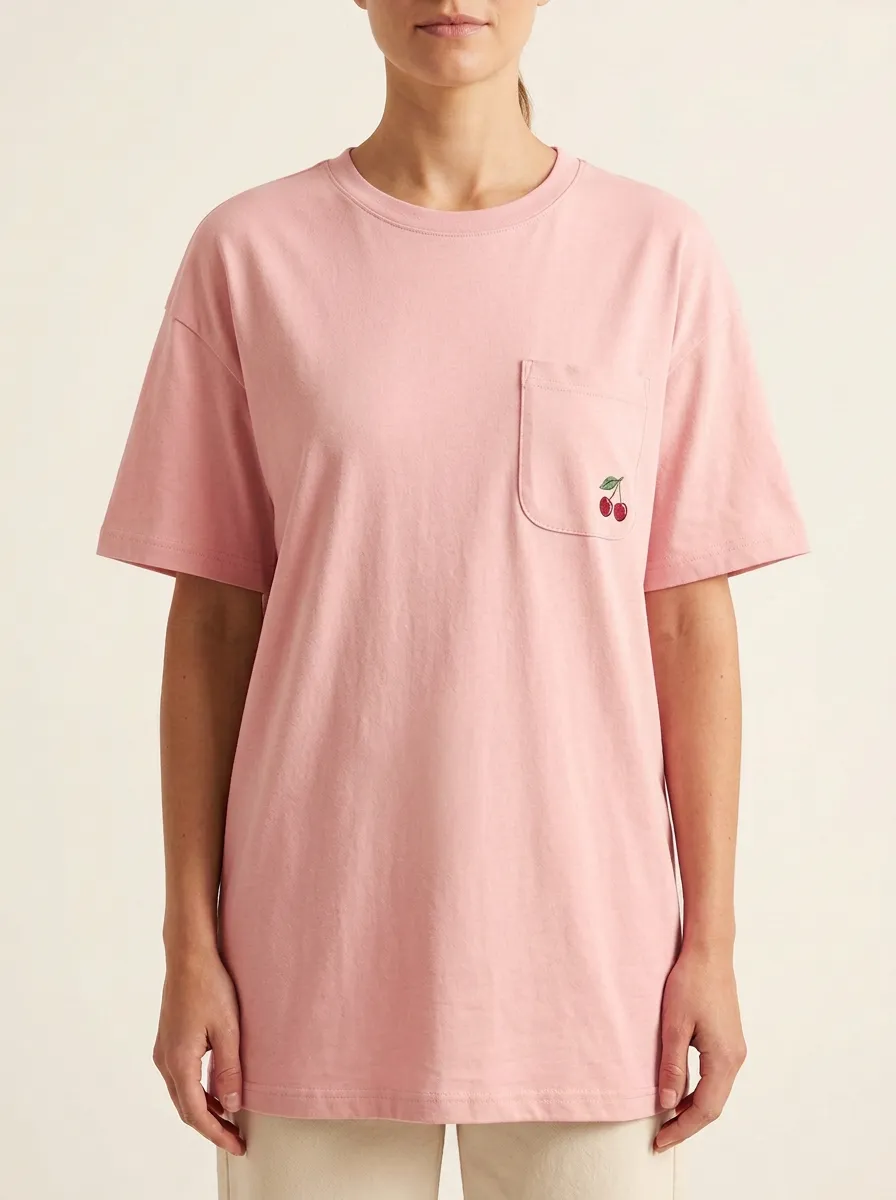 Women's Cherry Embroidered Pocket Crewneck T-Shirt