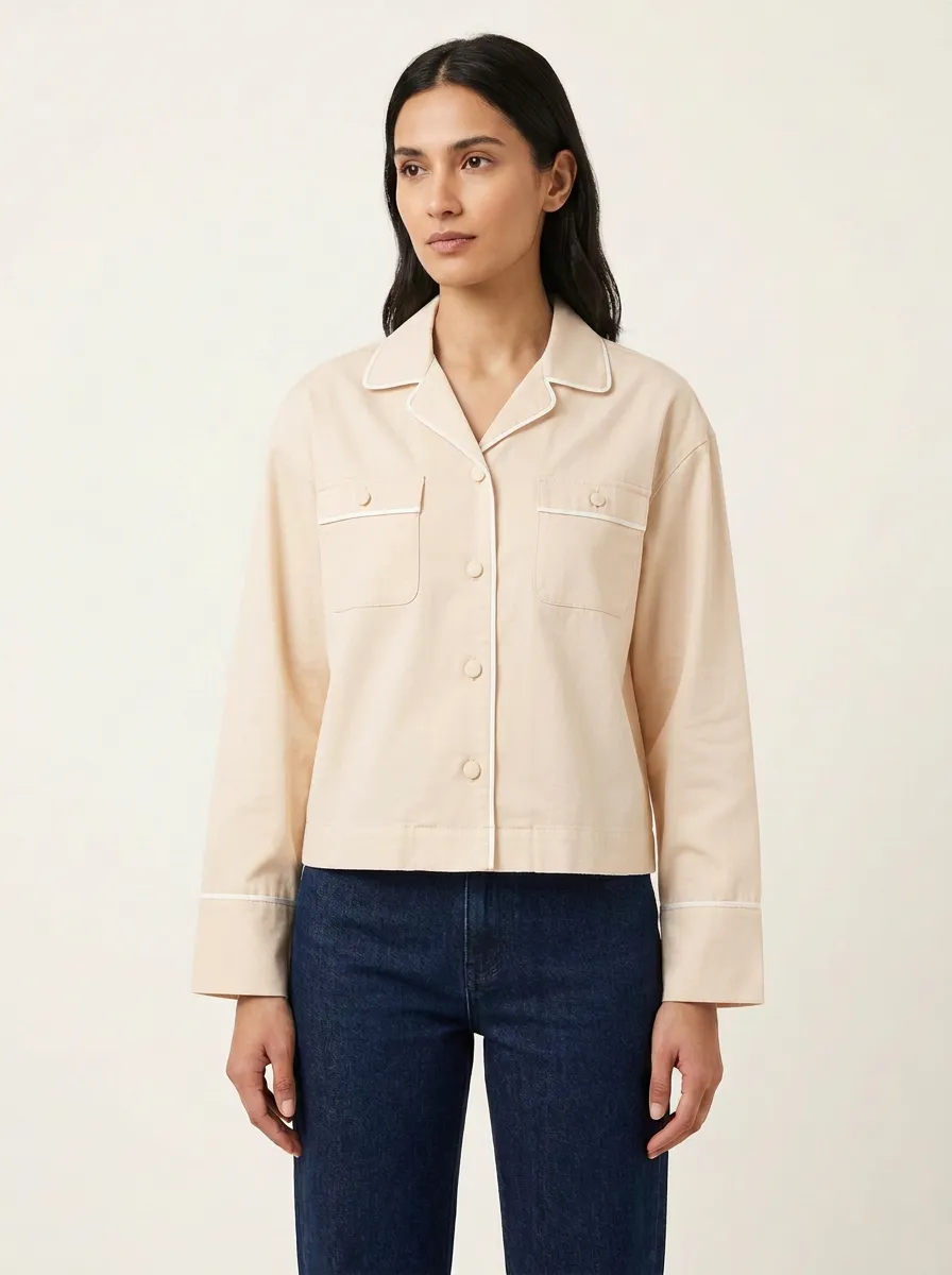 Women's Notched-Lapel Contrast-Piped Flap-Pocket Shirt