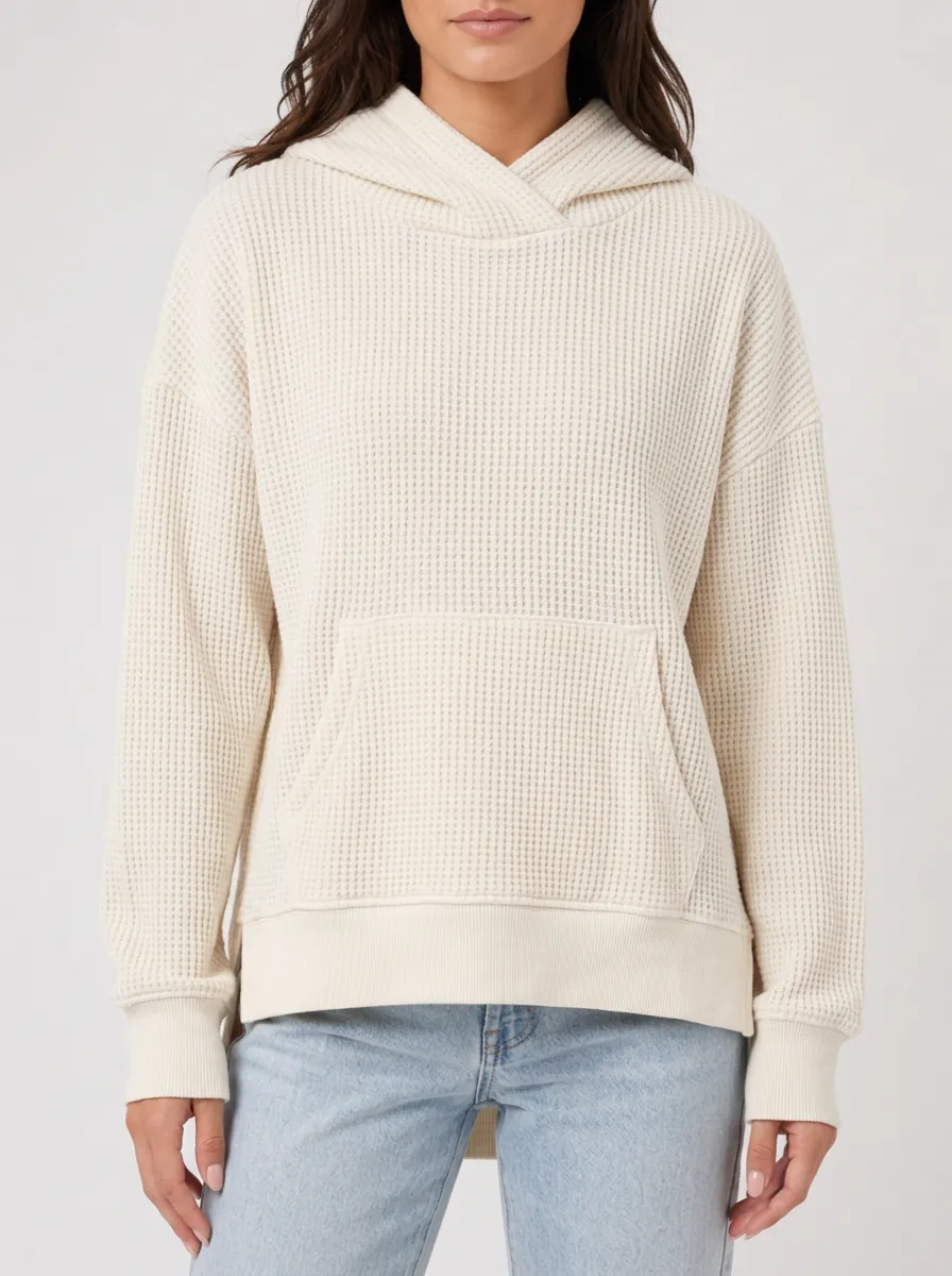 Women's Casual Cream Waffle Knit Hooded Pullover Top