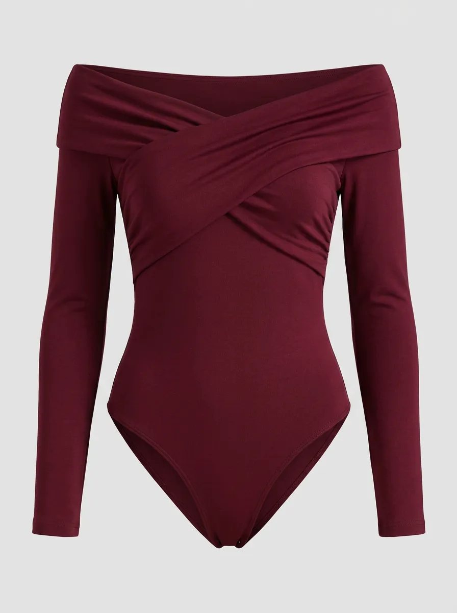 Women's Burgundy Off-Shoulder Crisscross Long Sleeve Bodysuit