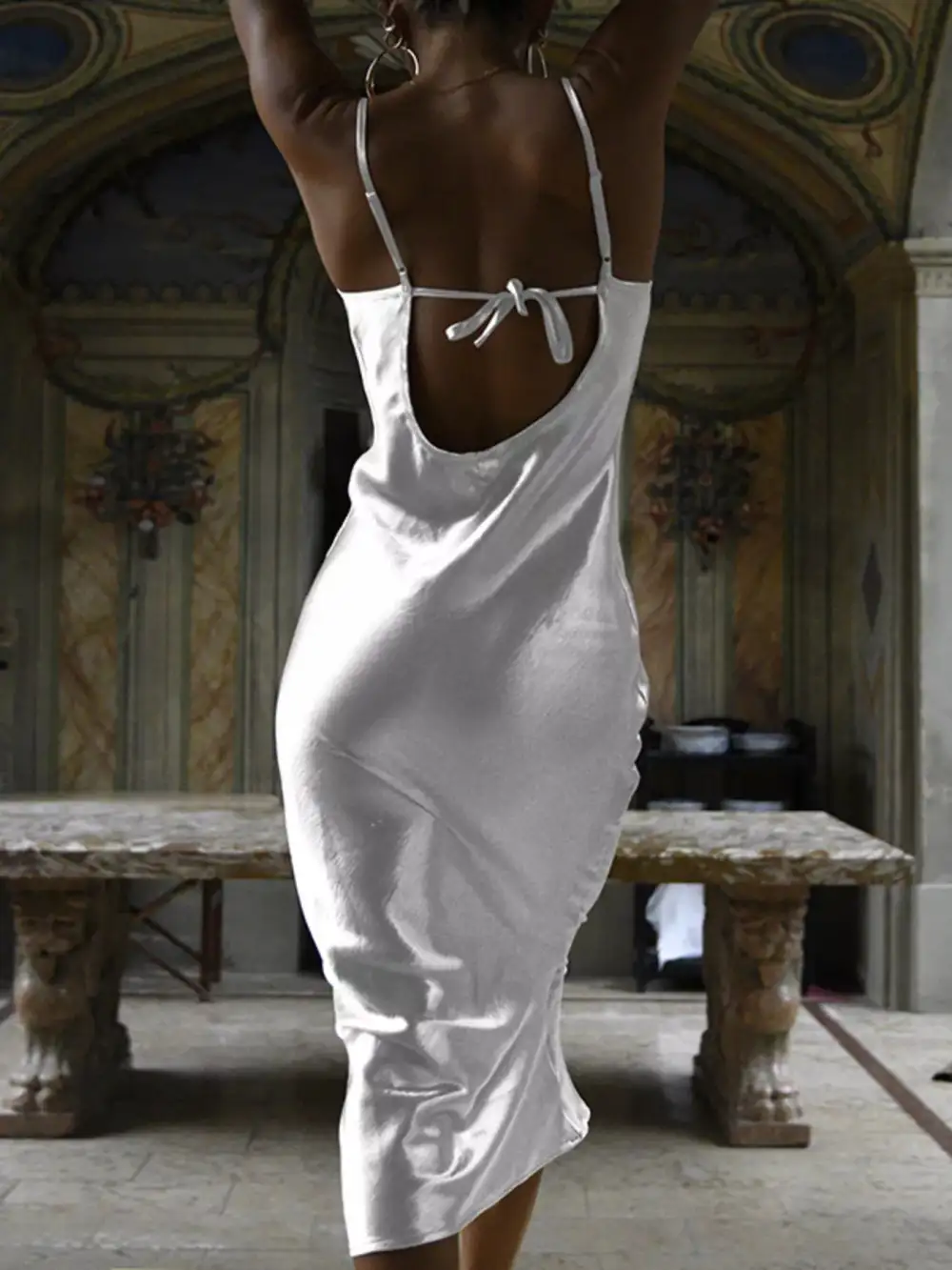 Cowl Neck Tied Back Midi Dress