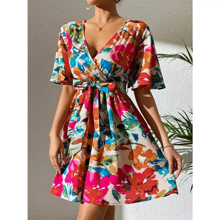 Surplice Short Sleeve Mini Dress