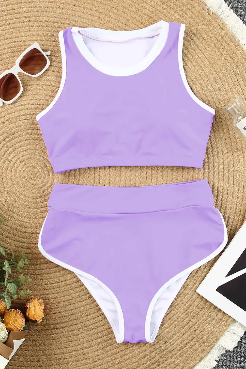 Swimwear Solid Colorblock Round Neck Bodycom Active Bikinis