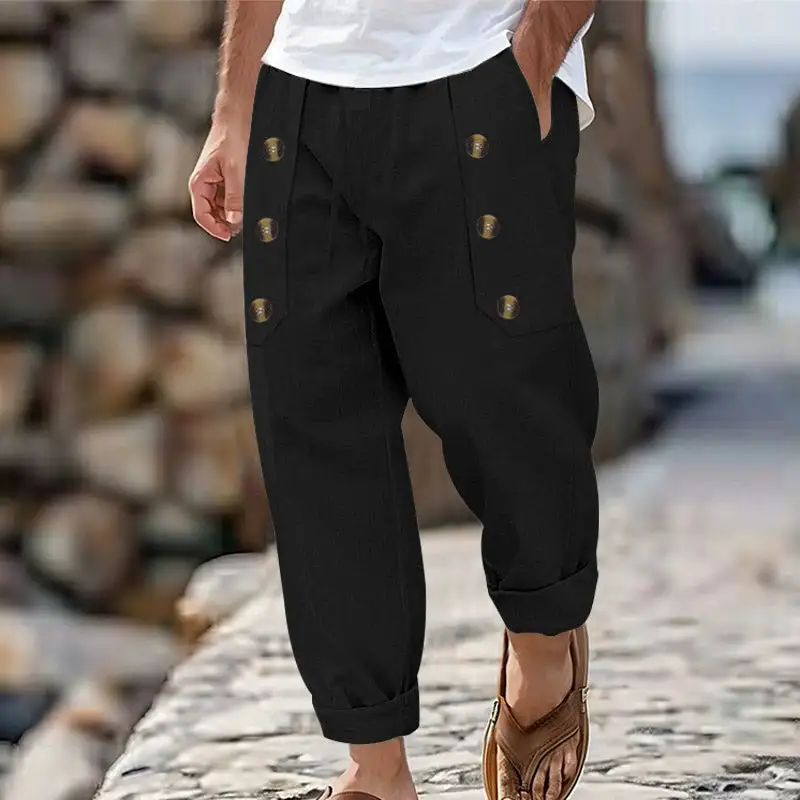 Button Detail Linen-Blend Cropped Pants