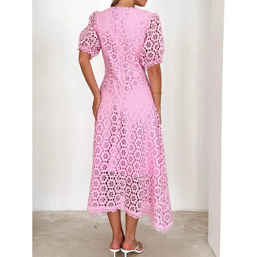 Eyelet Lace V-Neck Midi Dress with Puff Sleeves