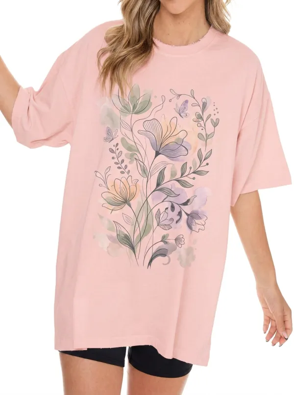 Women's Botanical Nature Lover Watercolor Floral Butterfly Printed T-shirt