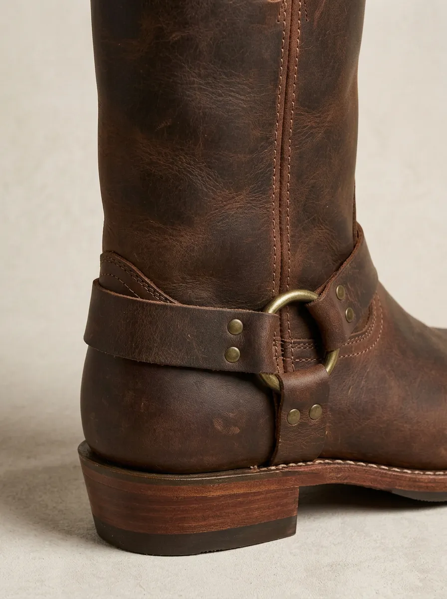 Men's Western Cowboy Brown Leather Harness Printed Boots