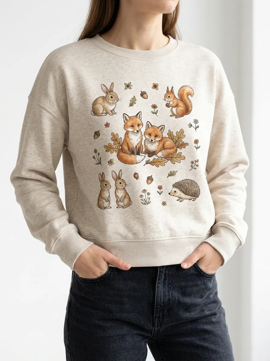 Women's Illustrated Sweatshirt in Fox and Squirrel Theme