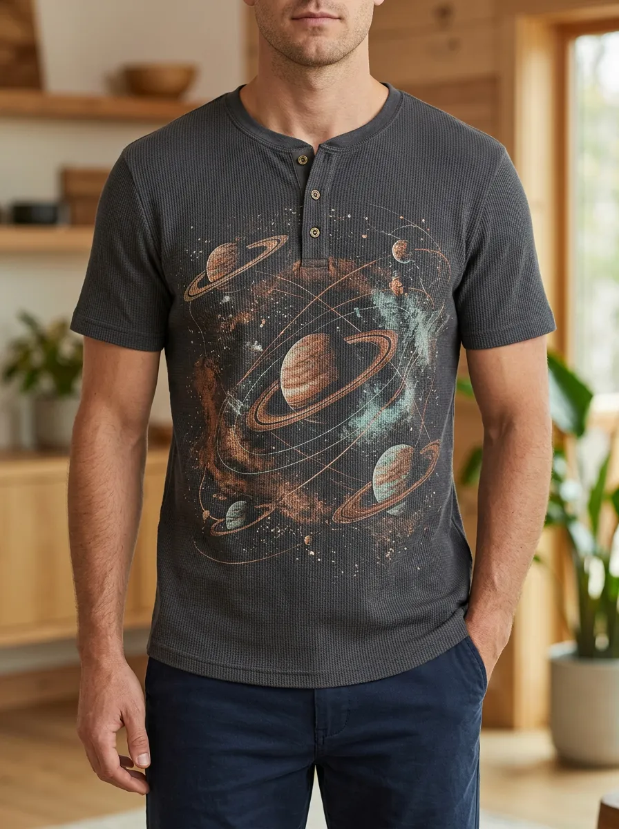Men's Everyday Space Astronomy Planet Waffle Henley T-Shirt