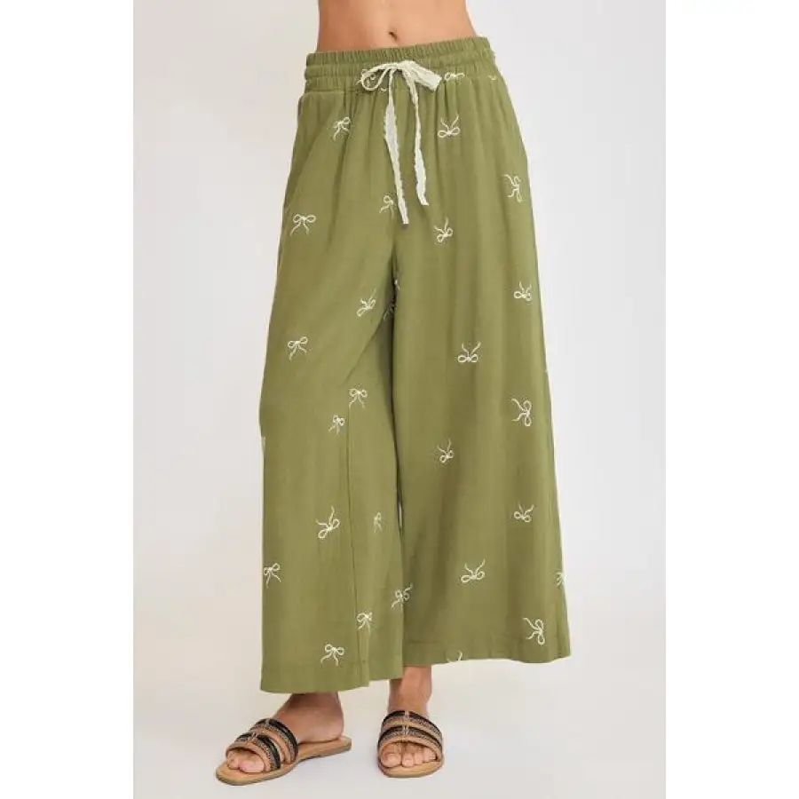 Classic Full Size Lace Drawstring Embroidered Bow Wide Leg Pants Plus Size