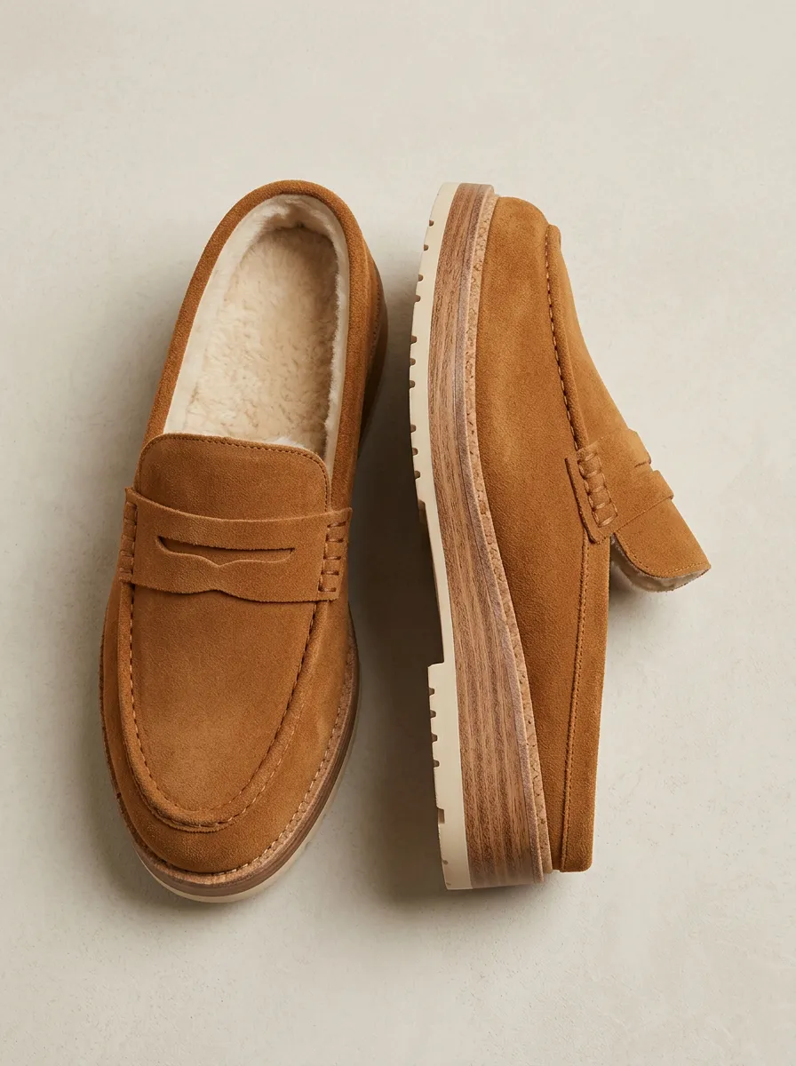 Women's Faux Fur Lined Platform Winter Suede Wood Sole Loafers