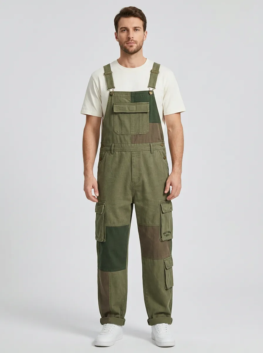 Patchwork Cargo Side Button Overalls