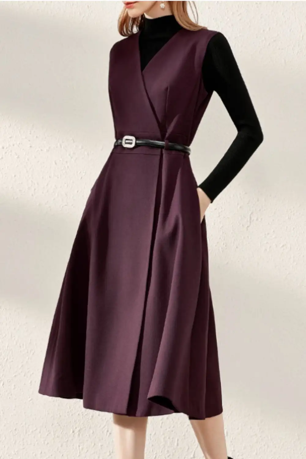Wool Blend V Neck Sleeveless Midi Dress