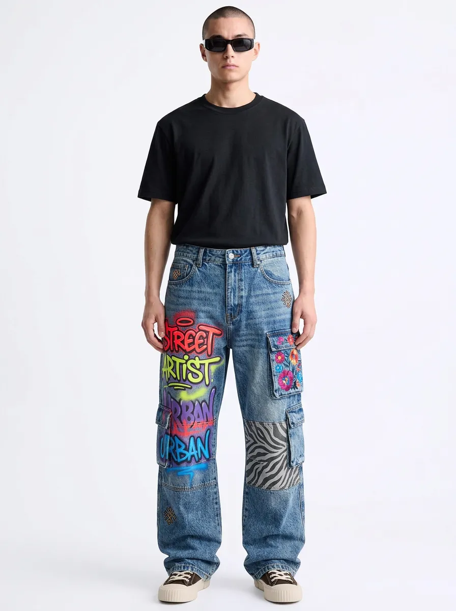 Men's Graffiti Urban Artist Graphic Cargo Jeans