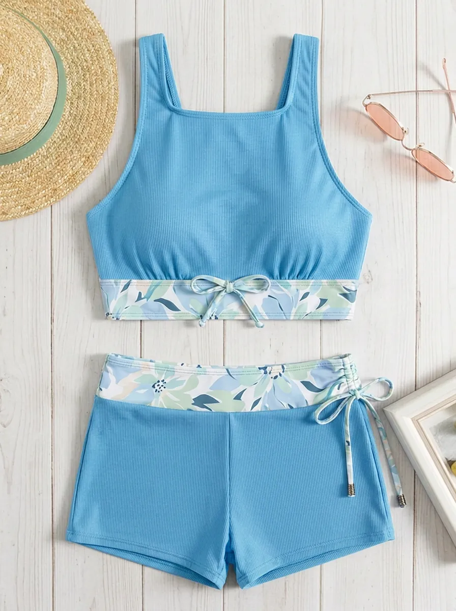 Women's Summer Beach Floral Printed Ribbed Bikini Set Resort Bikini Set
