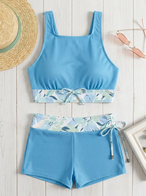Women's Summer Beach Floral Printed Ribbed Bikini Set Resort Bikini Set