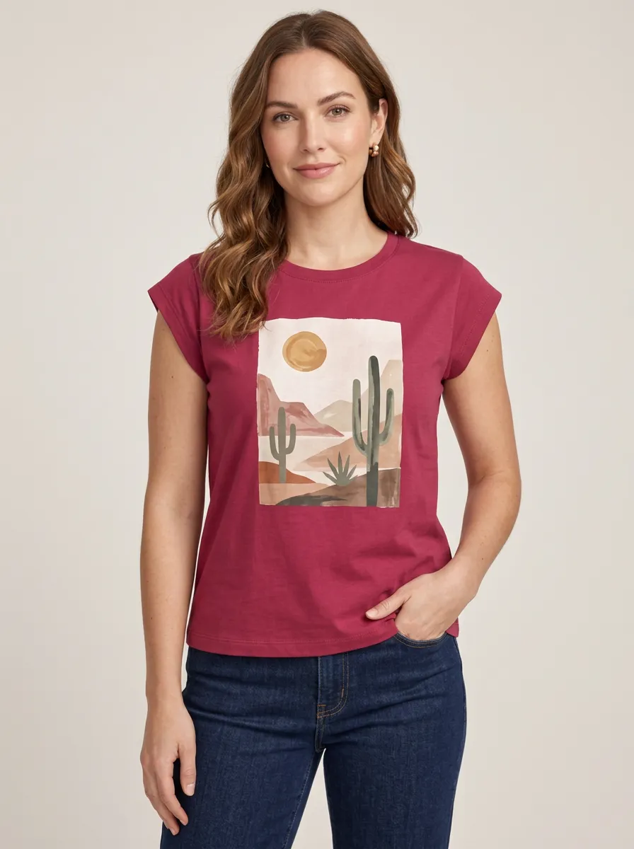 Women's Gallery Inspired Desert Cactus Sun Graphic T-Shirt