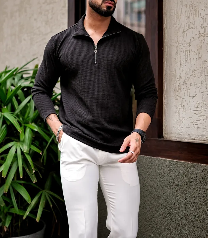 Black Quarter-Zip Henley Style Casual Shirt