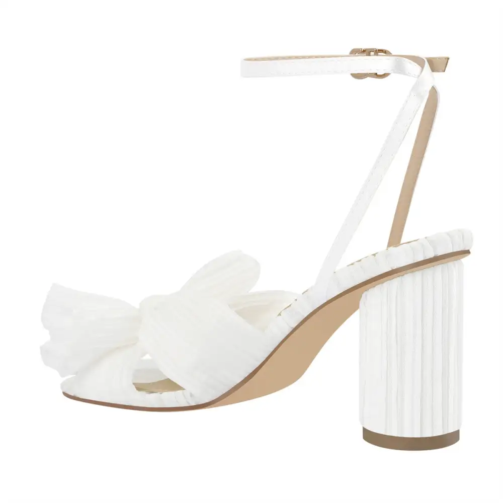 Pleated Bow Cylindrical Chunky Heel Sandals