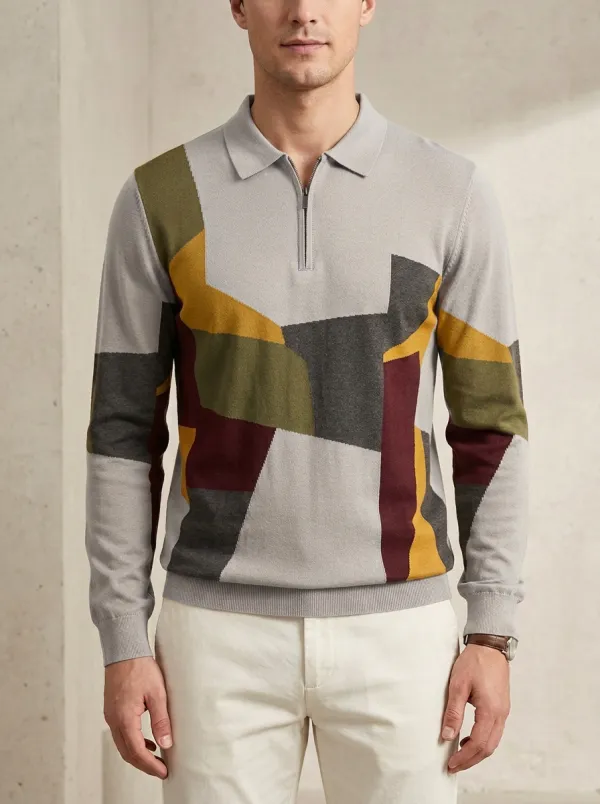 Men's Geometric Colorblock Pattern Zip-up Long Sleeve Polo Shirt