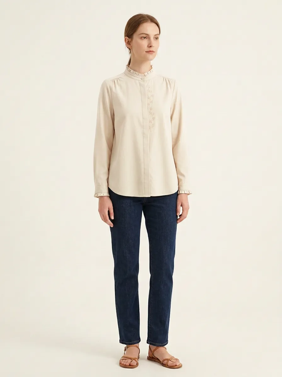 Women's Vertical-Floral Embroidered Ruffle-Collar Shirt