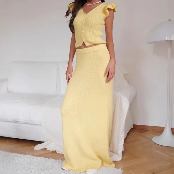 Structured Summer V-Neck Knit Skirt Set With Cap Sleeve Top And Long Skirt